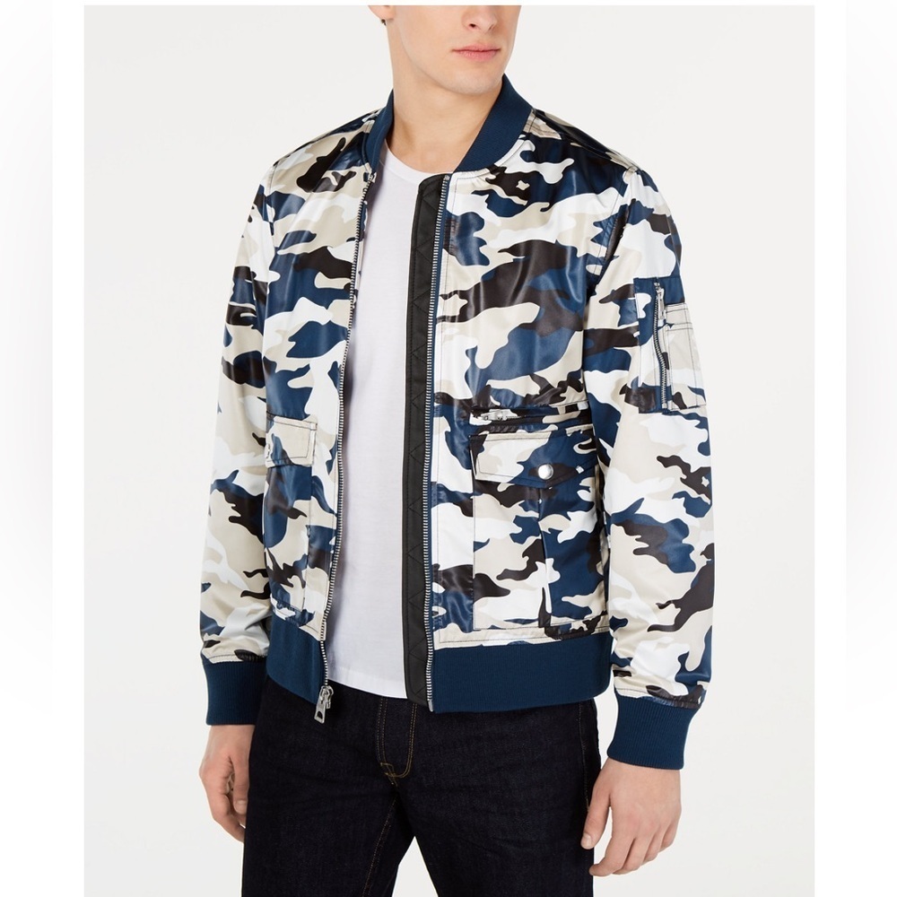 New GUESS Men's Blue and Gray Camo Bomber Jacket SZ M